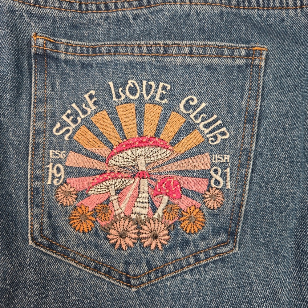Cider Women Blue Wide Leg Jeans Self Love Club Mushroom Embroidered 2XL NWT - Picture 6 of 7